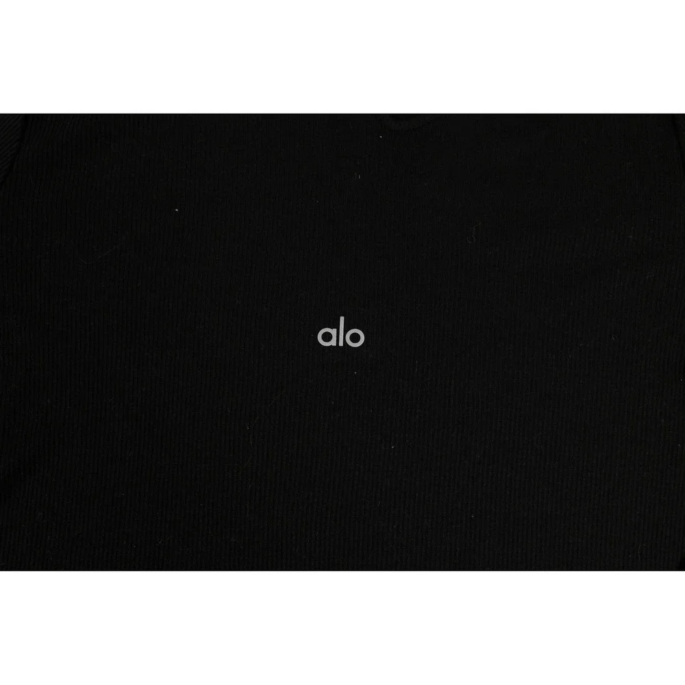 Alo Yoga Ribbed Peak Long Sleeve Cutout Top Black Crew Neck Curved Hem